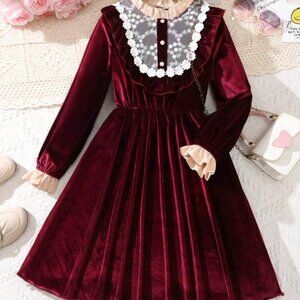 Contrast Lace Ruffle Trim Flare Sleeve Dress